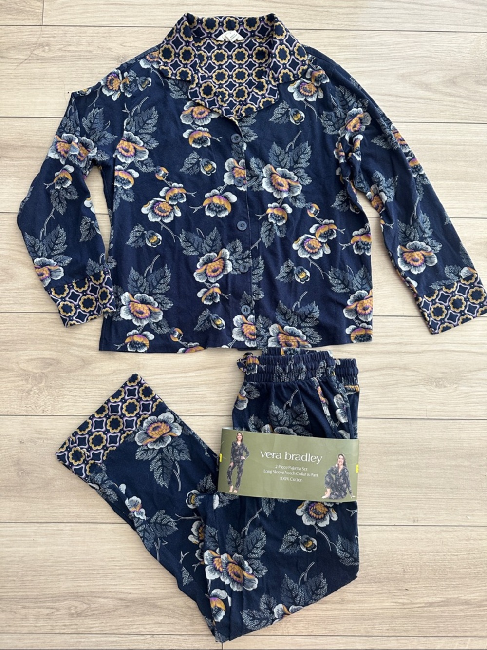 Vera Bradley Women’s Navy Floral Two-Piece Pajama Set Size Small 100% Cotton